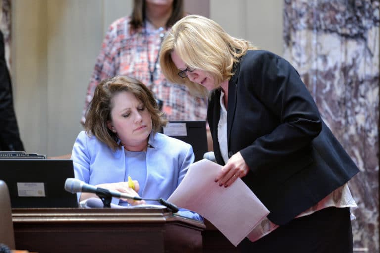 Sen. Michelle Benson (Ham Lake), left, speaks with Sen. Michelle Fischbach (Paynesville), right.