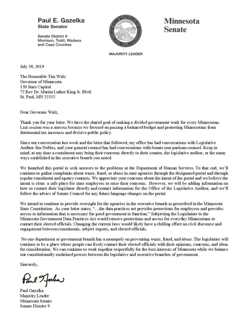 Sen. Gazelka Letter to Gov. Walz – Minnesota Senate Republicans